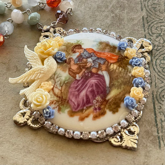 Love Story Cameo Collage Pendant Beaded Chain Necklace