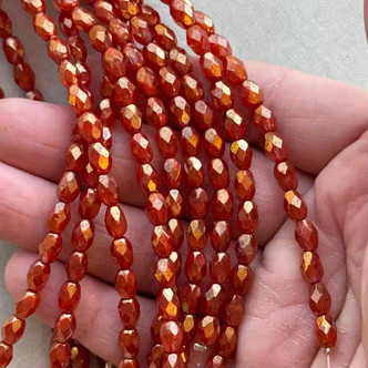 7x5mm Faceted Oval Beads Fire Polish Czech Glass Vermilion Opal Gold Wash 20Pcs Per Strand