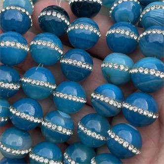 Rhinestone Saturn Blue Banded Agate 14mm Round Semi Precious Stone Beads Q7 Per Strand