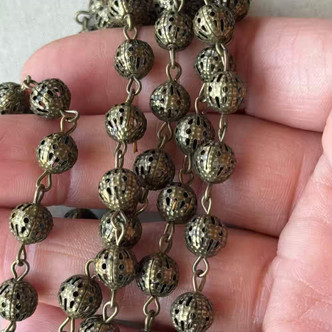 8mm Filigree Antique Brass Beaded Rosary Ball Chain Plated Per Foot