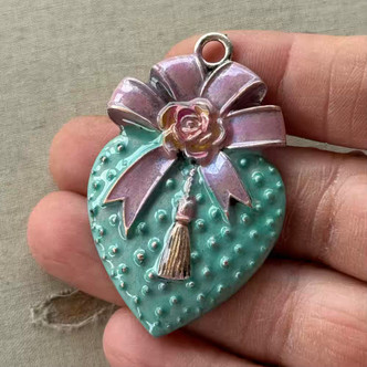 54x35mm Heart with Ribbon Bow Artisan Pendant Turquoise Per Pc