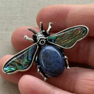2.25 Inch Lapis Abalone Bee Brooch Pin Stone Shell Rhinestone Silver Per Pc