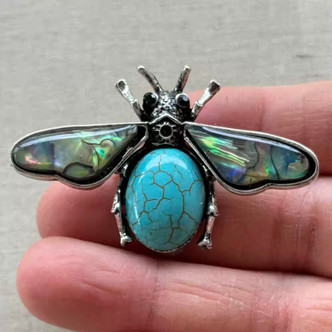 2.25 Inch Magnesite Abalone Bee Brooch Pin Stone Shell Rhinestone Silver Per Pc