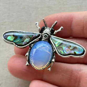 2.25 Inch Opalite Abalone Bee Brooch Pin Stone Shell Rhinestone Silver Per Pc