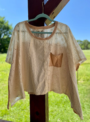 Washed Natural Eyelet Crop Top Oversized Asymmetrical Hem Blouse