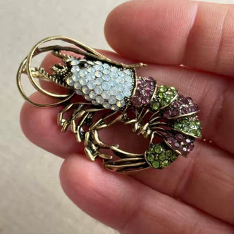 2 Inch Shrimp Crawdad Prawn Brooch Pin Rhinestone Opal Gold Per Pc