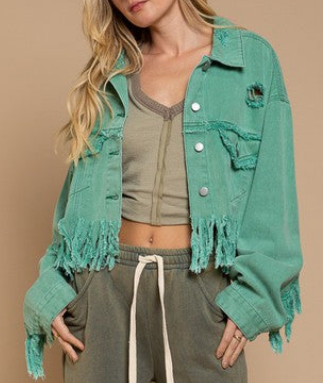 Turquoise Fringe Denim Cropped Jean Jacket Distressed SMJ203 POL