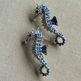 1.75 Inch Seahorse Pendant Brooch Pin Rhinestone Light Sapphire Per Pc