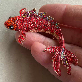 BIG 3 Inch Gold Fish Pendant Brooch Pin Rhinestone Red Koi Per Pc