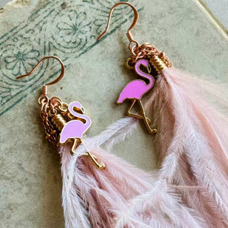 Flamingo Feather Earrings Rose Gold Artisan Made in the USA Per Pair