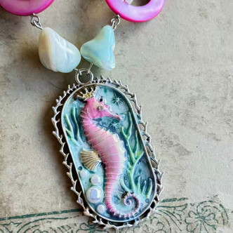 Seahorse Queen Necklace Shell Pearl Beaded Chain Artisan Made Per Pc