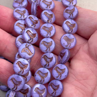 12mm Sparrow Coin Bird Czech Glass Beads Purple Posy Bronzite 15Pcs Per Strand