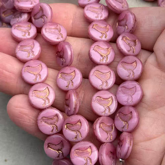 12mm Sparrow Coin Bird Czech Glass Beads Vintage Rose Ombre 15Pcs Per Strand