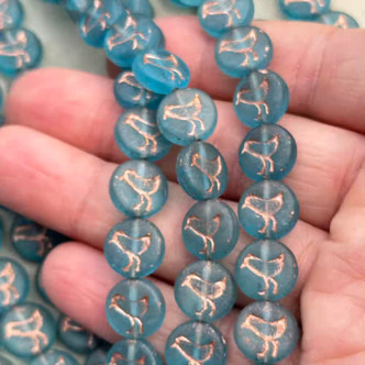 12mm Sparrow Coin Bird Czech Glass Beads Copper Denim 15Pcs Per Strand