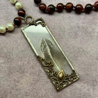 Eye of the Feather Tiger Eye Glass Pearl Soldered Necklace Knotted Artisan Made Per Pc