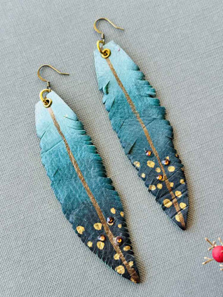 Teal Ombre Leather Feather Earrings Artisan Made in the USA Per Pair