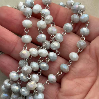 Pemberley Sculpture Beaded Rosary Chain 8mm Crystal Rondelle Antique Silver Plated Per Foot