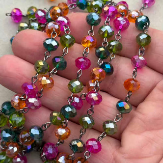 Masquerade Beaded Rosary Chain 8mm Crystal Rondelle Gunmetal Plated Per Foot