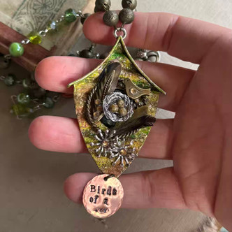 Moss Birdhouse Collage Necklace Birds of a Feather Beaded Chain Artisan Made Per Pc