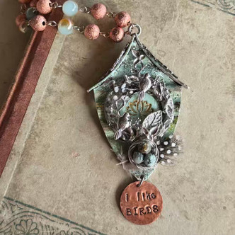 Turquoise Birdhouse Collage Necklace I Like Birds Beaded Chain Artisan Made Per Pc Turquoise Birdhouse Collage Necklace I Like Birds Beaded Chain Artisan Made Per Pc