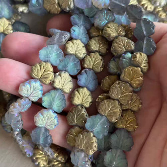 13x11mm Maple Leaf Czech Glass Beads Gilded Matte Moonlight AB 20Pcs Per Strand