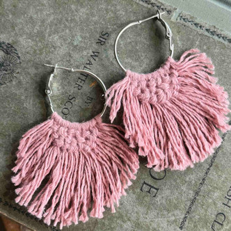 Dusty Pink Macrame Hoop Earrings Threads Of A Kind Artisan Made in the USA Per Pair