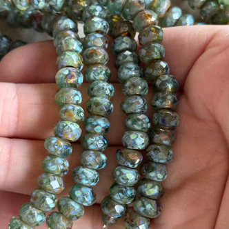 8x5mm Big Hole Roller Czech Glass Rondelle Beads Peridot Picasso 25Pcs Per Strand