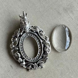 50x34mm Unicorn Memory Pendant Tray Setting Oval Glass Cab Antique Silver Q1 Set Per Pkg