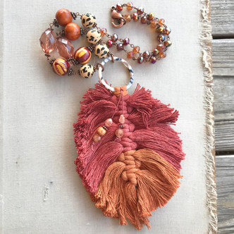 Sunset Rust Macrame Feather Necklace Woven Yarn Fiber Pendant Chain Artisan Made Per Pc