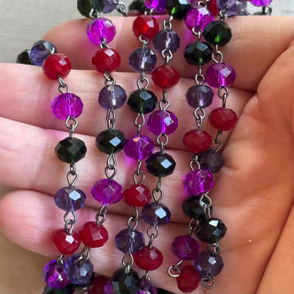 Goth Garden Beaded Rosary Chain 8mm Crystal Rondelle Gunmetal Plated Per Foot