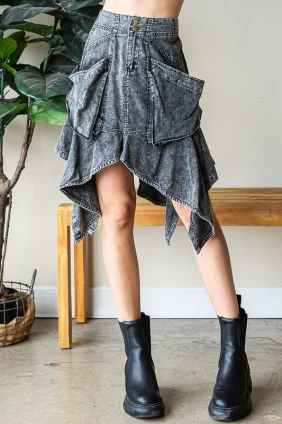 Charcoal Washed Asymmetrical Hem Layered Cargo Skirt