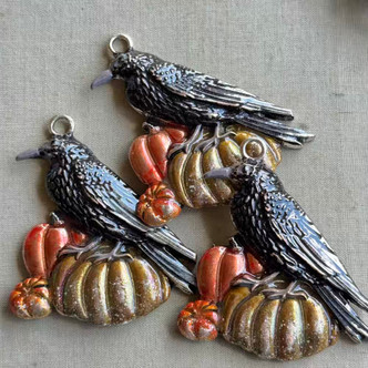 Poe Raven Pumpkin Pendant 58x50mm Halloween Artisan Painted Per Pc