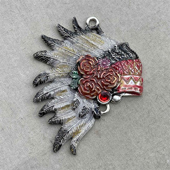 Mohican Boho Indian Headdress Chief Rose Hand Painted 60x45mm Pendant Per Pc