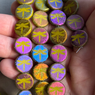 14mm Dragonfly Coin Beads Czech Glass Etched Wasabi 8Pcs Per Strand