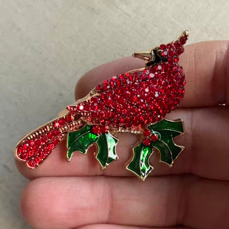 2.5 Inch Christmas Cardinal on Holly Branch Brooch Pin Rhinestone Gold Plated Per Pc