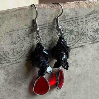 Vlad Dracula Black Bat Lampwork Earrings Silver Plated Artisan Made in the USA Per Pair