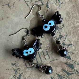 Vlad's Lil' Brother Black Bat Lampwork Earrings Silver Plated Artisan Made in the USA Per Pair
