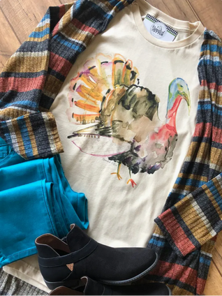Turkey Thanksgiving Watercolor Art Style Branded Cotton Graphic Tee Top