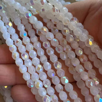 6mm Opalite AB Faceted Fire Polish Czech Glass Round 25 Beads Per Strand