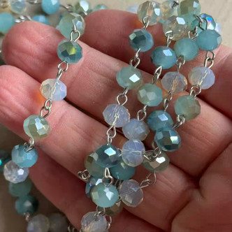 Boho Calliope Beaded Rosary Chain 8mm Crystal Rondelle Antique Silver Plated Per Foot