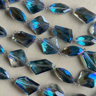 Blue Aurora Crystal Beaded Chain Multi Shape Large Size Antique Silver Plated Per Foot