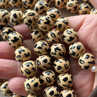 14mm Leopard Cheetah Printed Wood Beads Q12 Per Strand