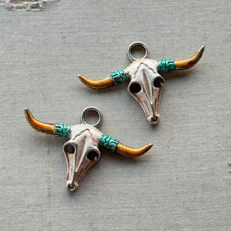 Rip Boho Steer Cow Skull Longhorn Earring Charms 46x30mm Per Pair