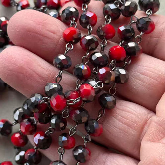 Ladybug Delight Red Hematite Beaded Rosary Chain 8mm Crystal Gunmetal Plated Per Foot
