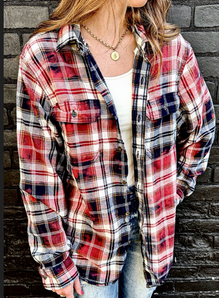 Barn Dance Plaid Flannel The Whiskey Wrangler Distressed Bleached Button Down Top