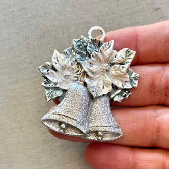 Silver Christmas Bells Pendant Poinsettia Flowers Artisan 52mm Per Pc