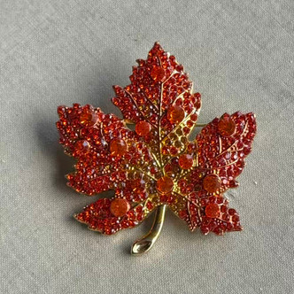 2 Inch Maple Leaf Autumn Brooch Pin Orange Rhinestone Gold Per Pc