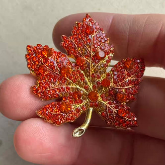2 Inch Maple Leaf Autumn Brooch Pin Orange Rhinestone Gold Per Pc