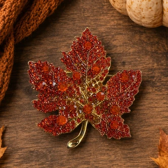 2 Inch Maple Leaf Autumn Brooch Pin Orange Rhinestone Gold Per Pc