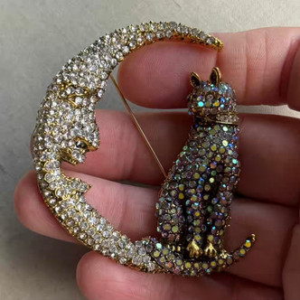 2.5 Inch Cat in the Moon Brooch Pin Clear AB Rhinestone Gold Per Pc